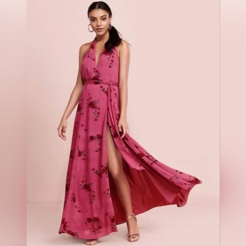 Backless Halter Neck Floral Wrap Maxi Dress Pink Roses Wedding Prom Medium